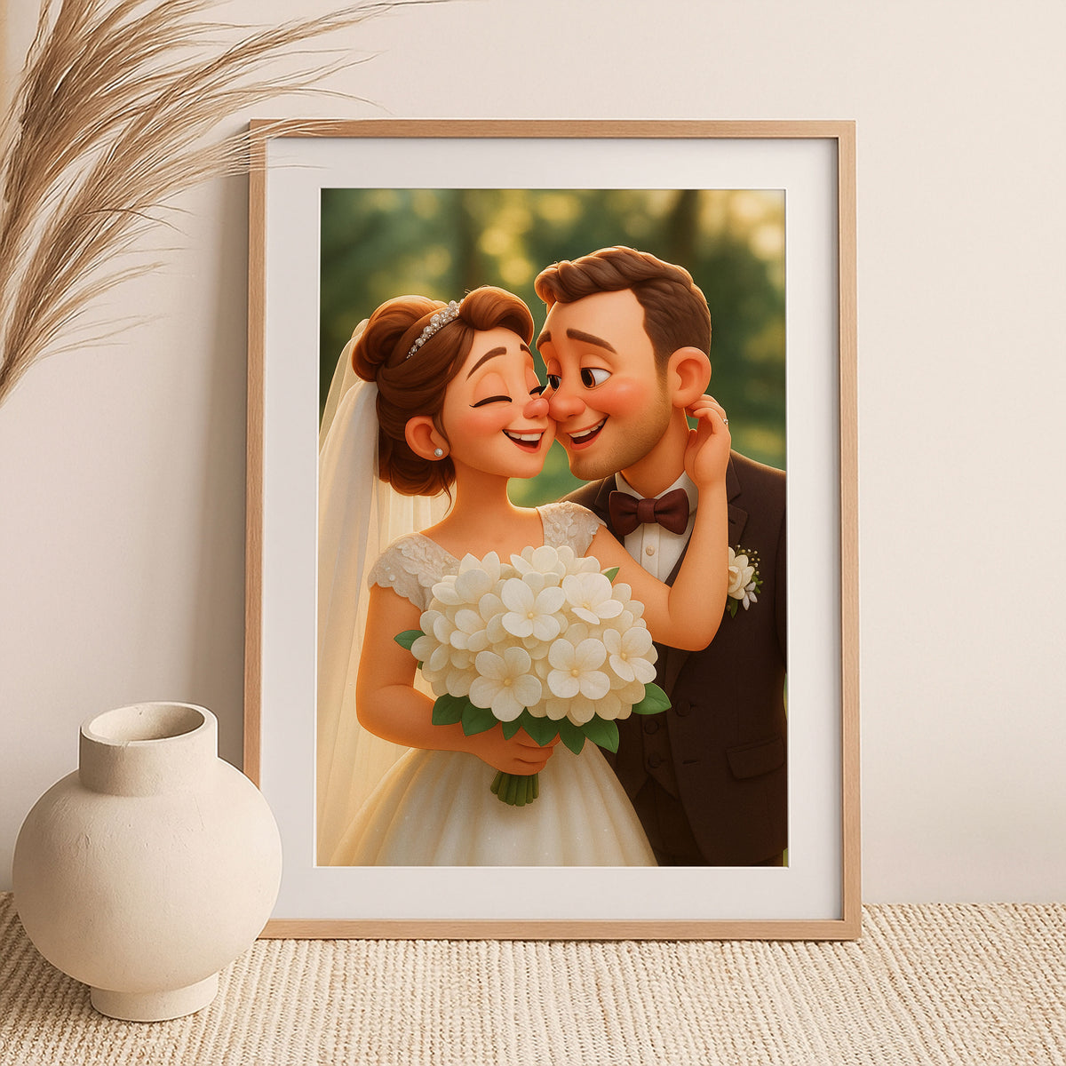 Charming Cartoon Wedding Portrait: Joyful Couple Embracing with Flowers in a Whimsical Art Style
 - 4