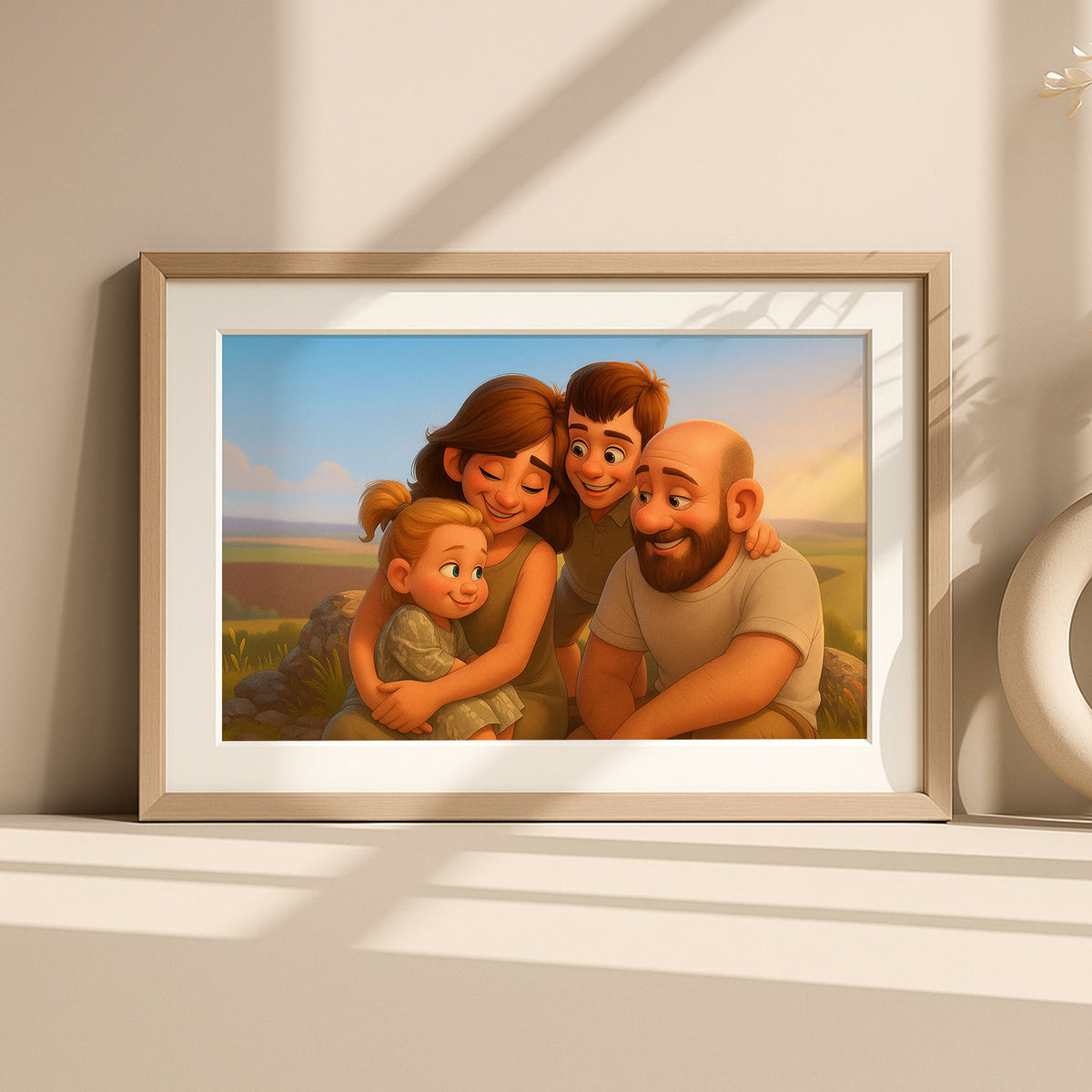 Charming Family Portrait Art: Whimsical Cartoon Style with Happy Kids and Loving Parents
 - 4