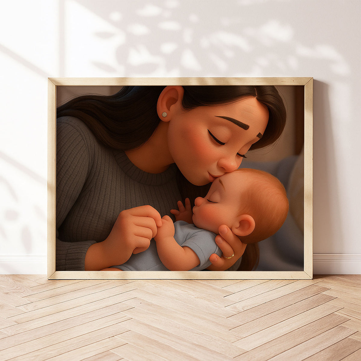 Heartwarming Cartoon Art Print of Mother and Baby Cherishing a Sweet Moment Together – Perfect Decor for Nursery and Home
 - 4