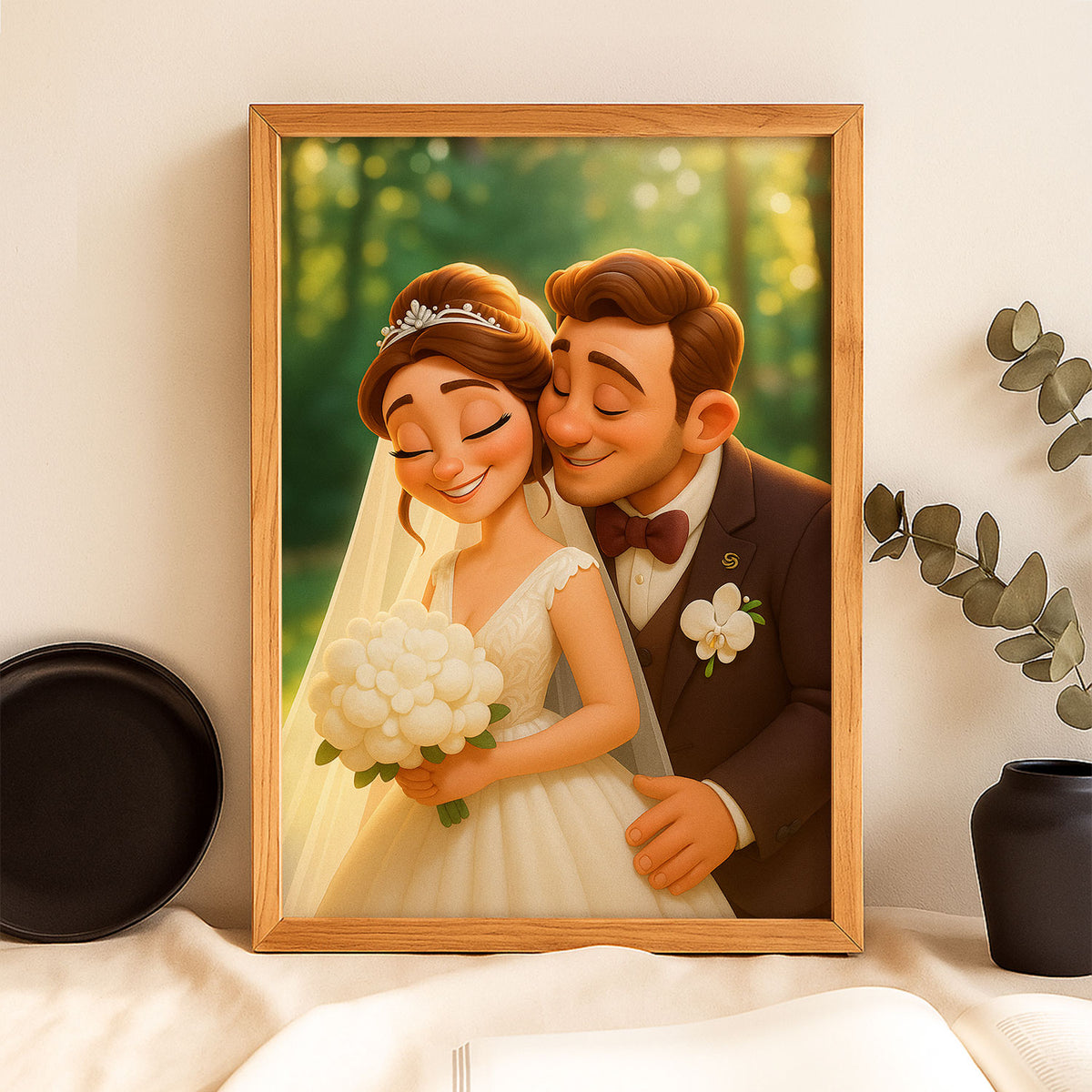 Charming Cartoon Wedding Art Print - Heartwarming Bride and Groom Illustration for Your Home Decor
 - 4