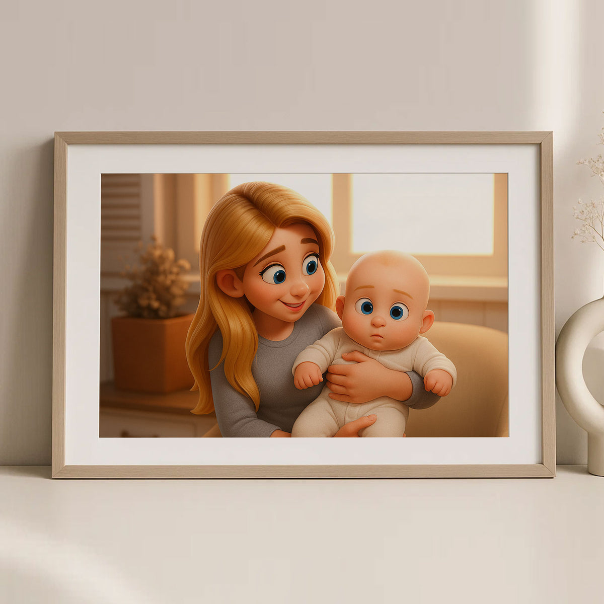 Charming Cartoon Art Print of a Loving Mother and Baby - Heartwarming Home Decor for Family Spaces
 - 4
