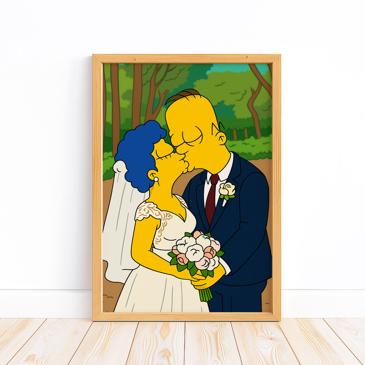 Whimsical Cartoon Wedding Art Print of Homer and Marge Simpson Kissing in Vibrant Colors
 - 4