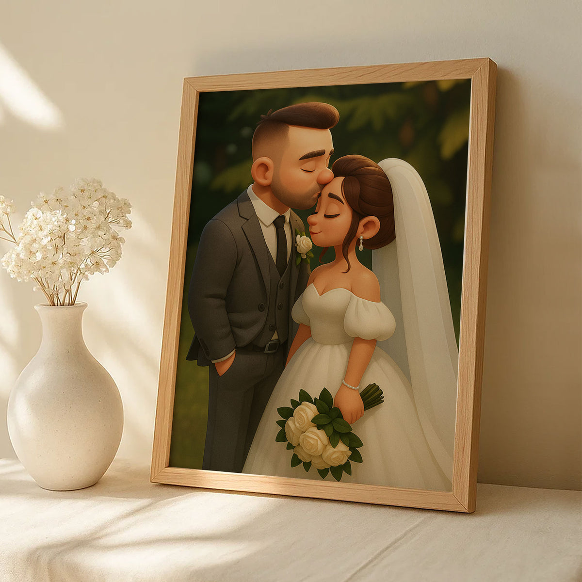 Charming Cartoon Wedding Portrait of a Bride and Groom – Perfect Gift for Newlyweds in Whimsical Art Style
 - 4