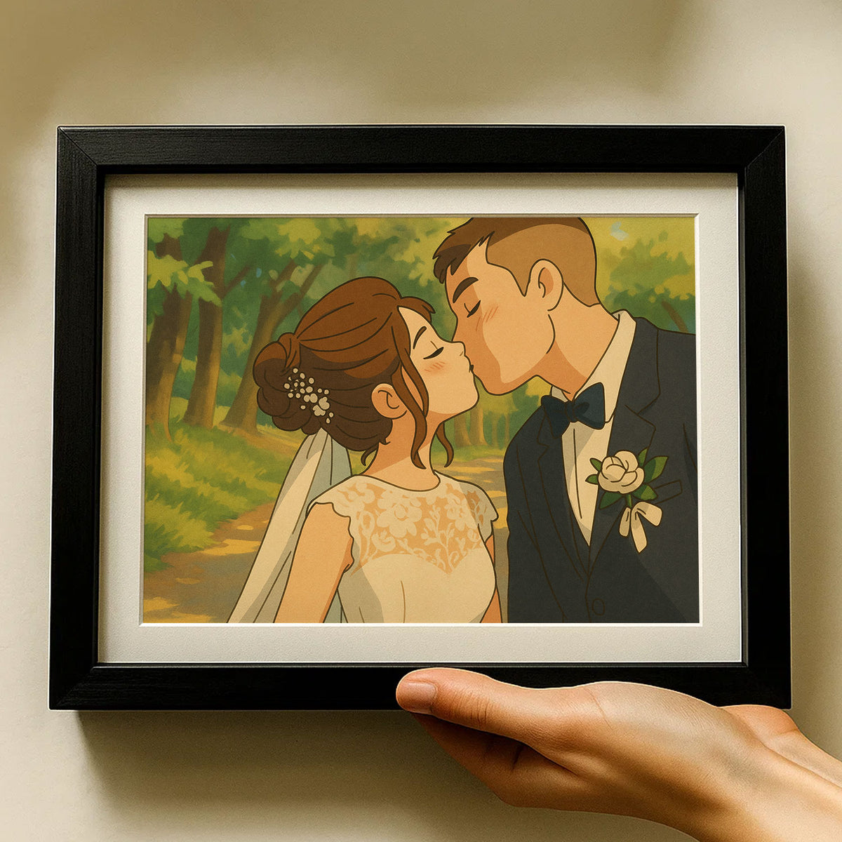 Charming Wedding Kiss Artwork - Romantic Cartoon Style Love Portrait for Special Moments
 - 4