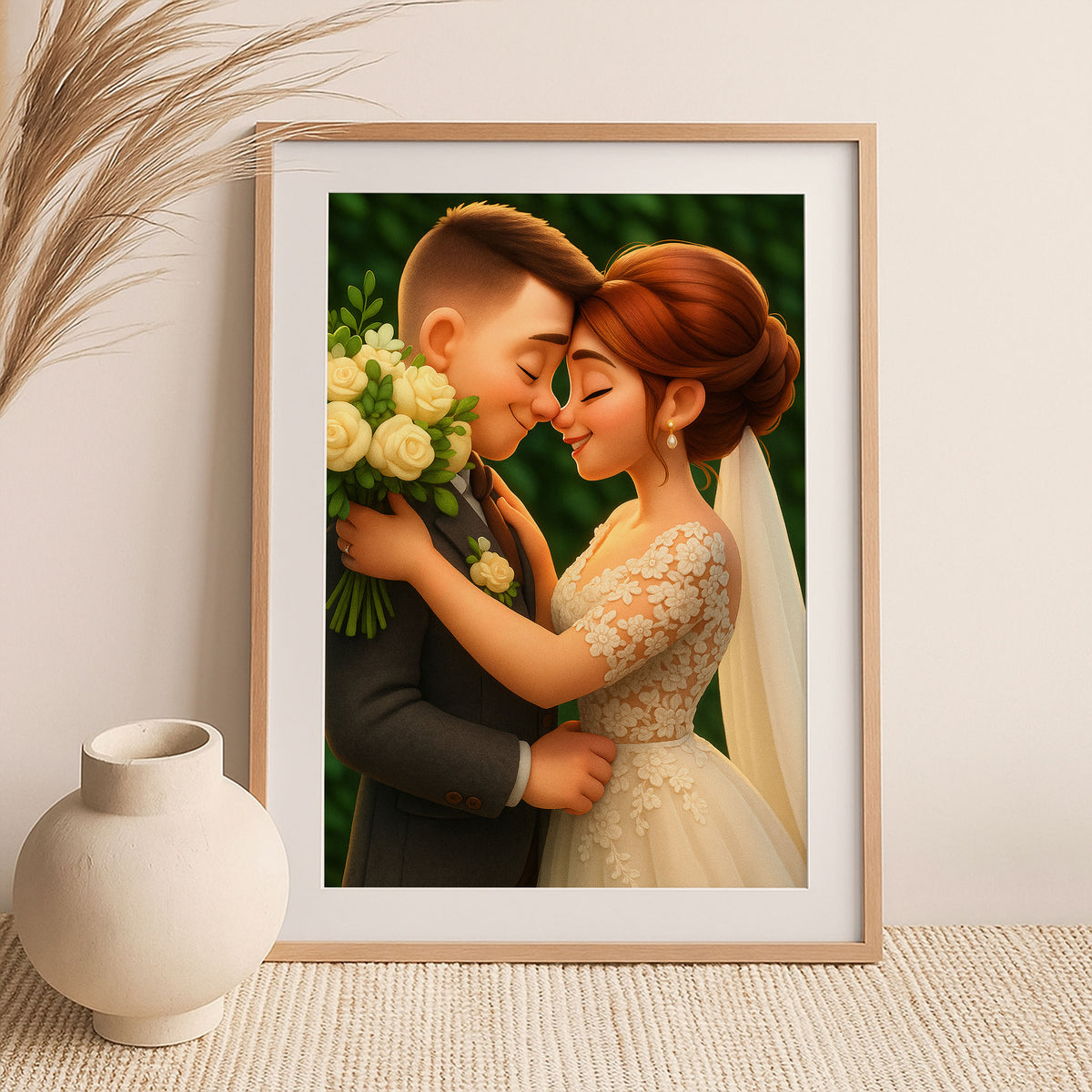 Charming Cartoon Wedding Art: Romantic Couple Portrait Perfect for Home Décor and Gifts
 - 4