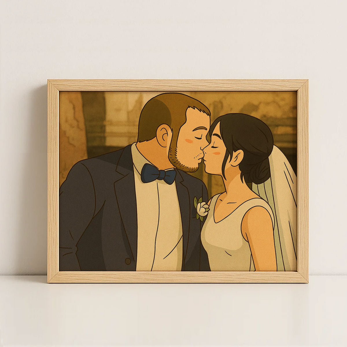 Romantic Cartoon Wedding Kiss Art Print - Elegant Couple Illustration for Home Décor
 - 4