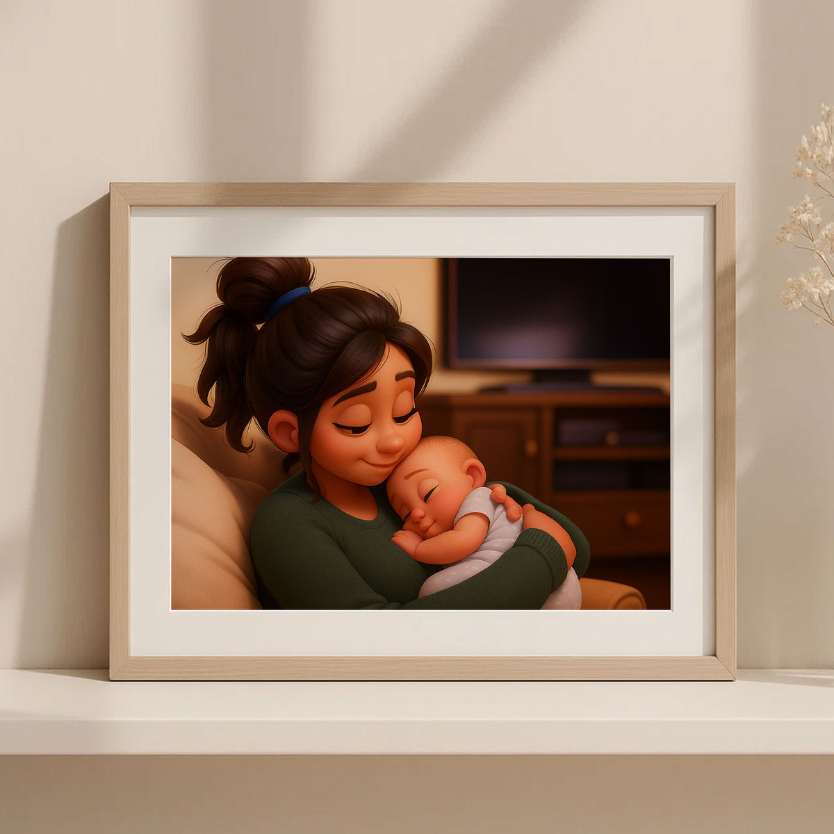 Heartwarming Cartoon Illustration of a Mother Snuggling with Her Sleeping Baby – Perfect for Nursery Decor and Family Love
 - 4