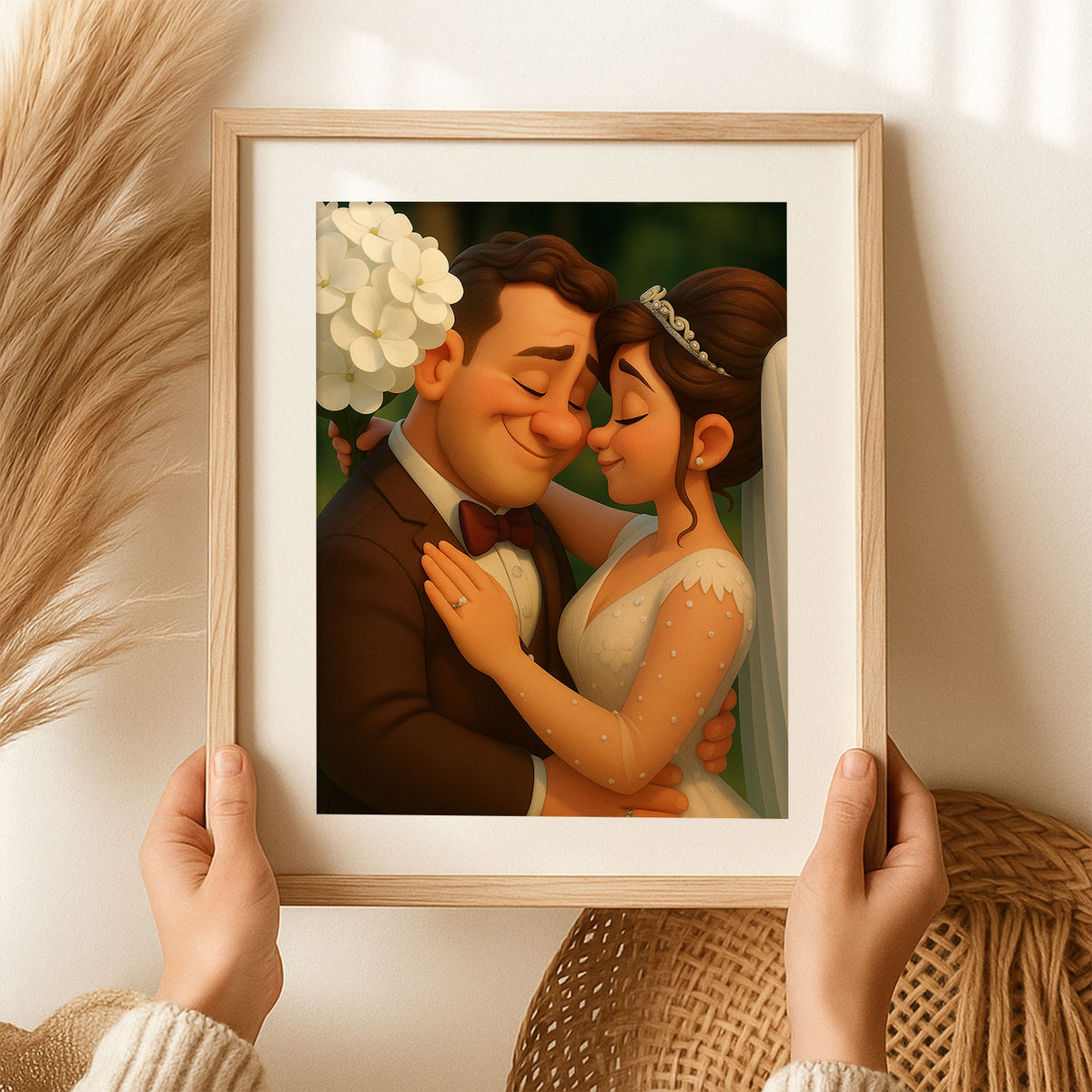Whimsical Cartoon Wedding Portrait – Celebrate Love with a Charming Illustration of a Bride and Groom in a Joyful Embrace
 - 4