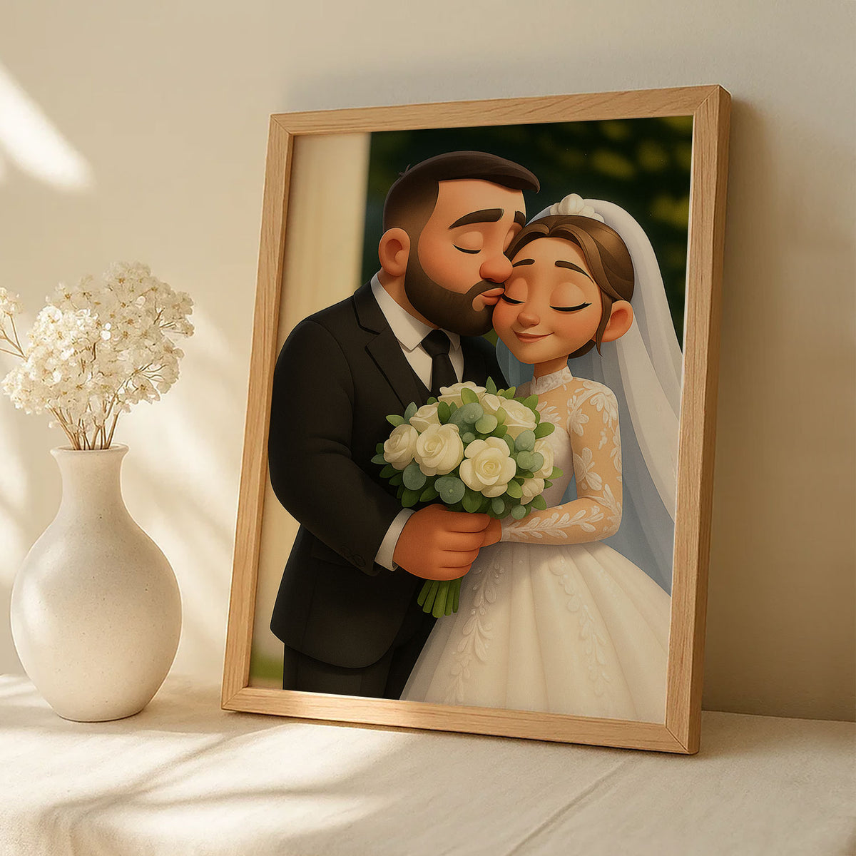 Charming Wedding Couple Portrait in Whimsical Style - Perfect Home Decor for Love and Romance
 - 4