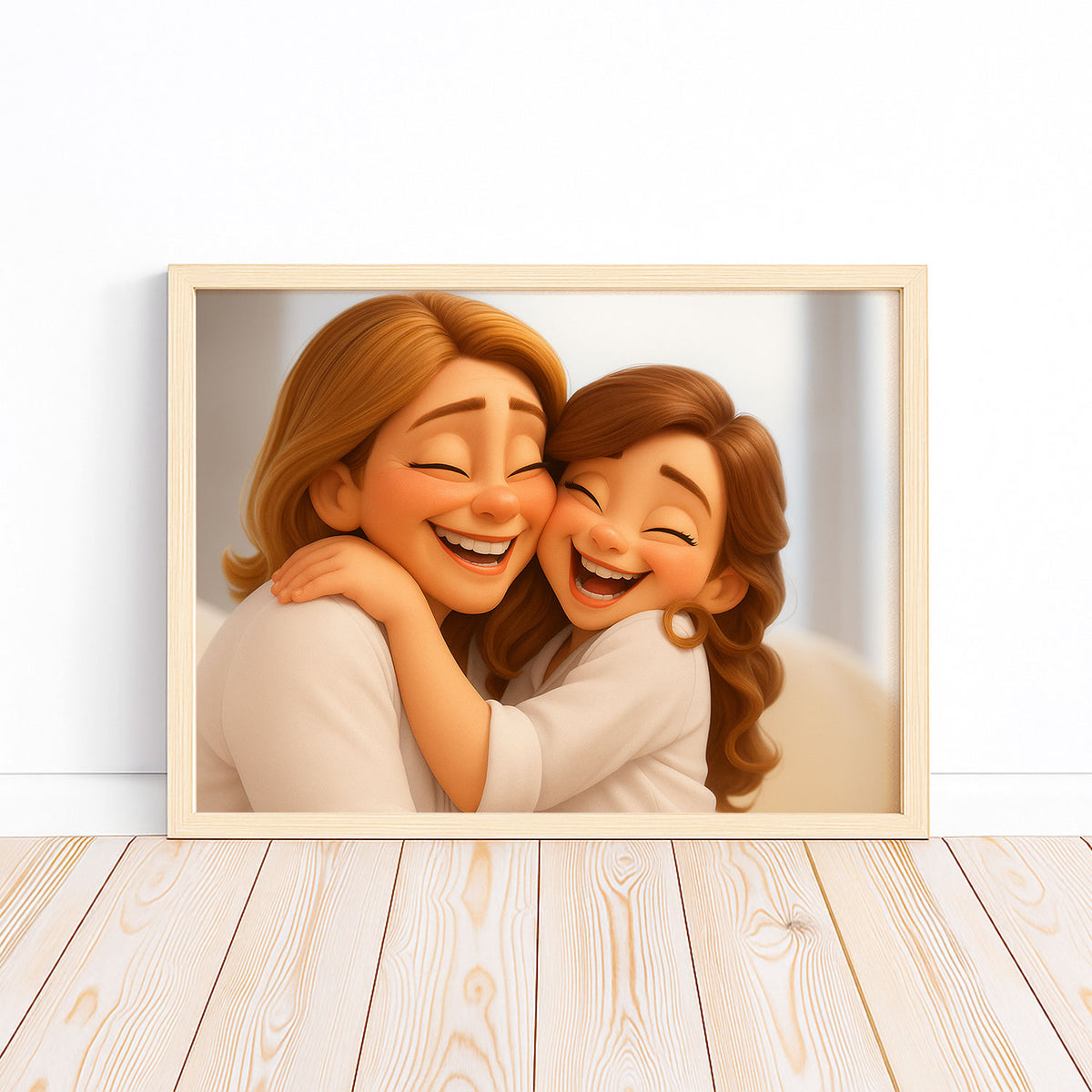 Charming Cartoon Portrait of Two Sisters Embracing: A Heartwarming Art Print for Family Love
 - 4