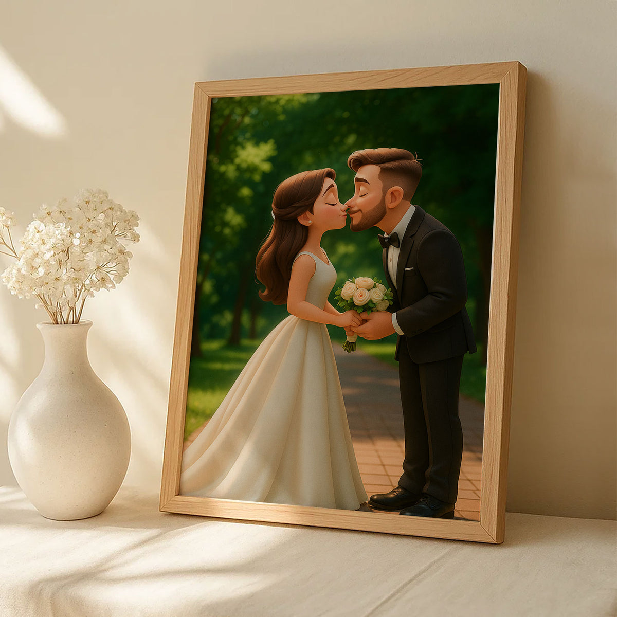 Charming Animated Wedding Art: Romantic Kissing Couple in Cartoon Style for Your Home Decor
 - 4