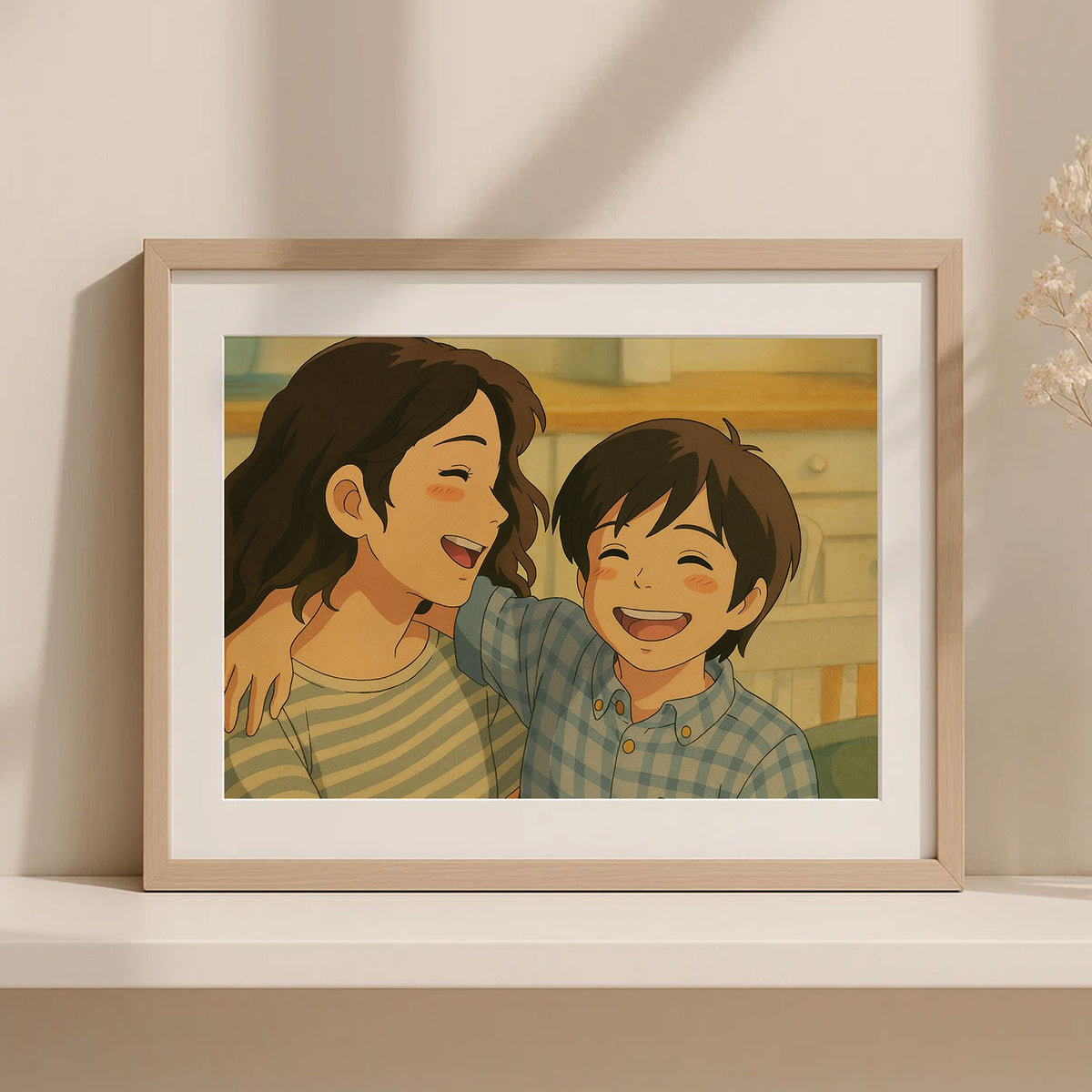 Joyful Bond: Colorful Cartoon Art of a Mother and Daughter Sharing Laughter and Love
 - 4