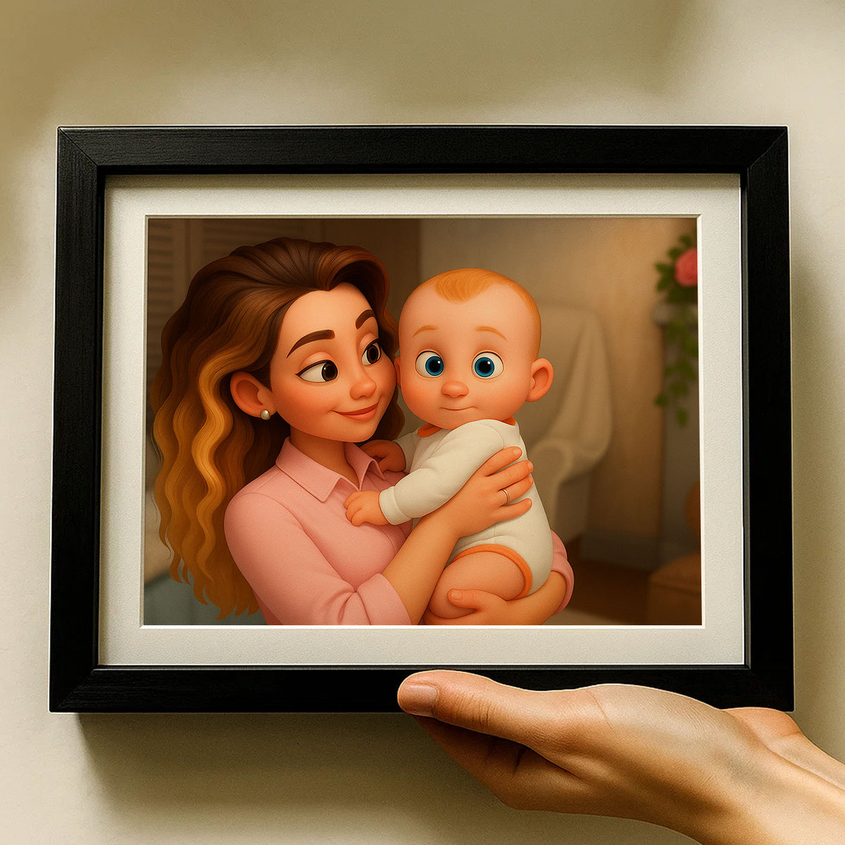 Heartwarming Mother and Baby Illustration: Adorable Family Portrait in Vibrant Cartoon Style, Perfect for Home Decor and Gifts
 - 4