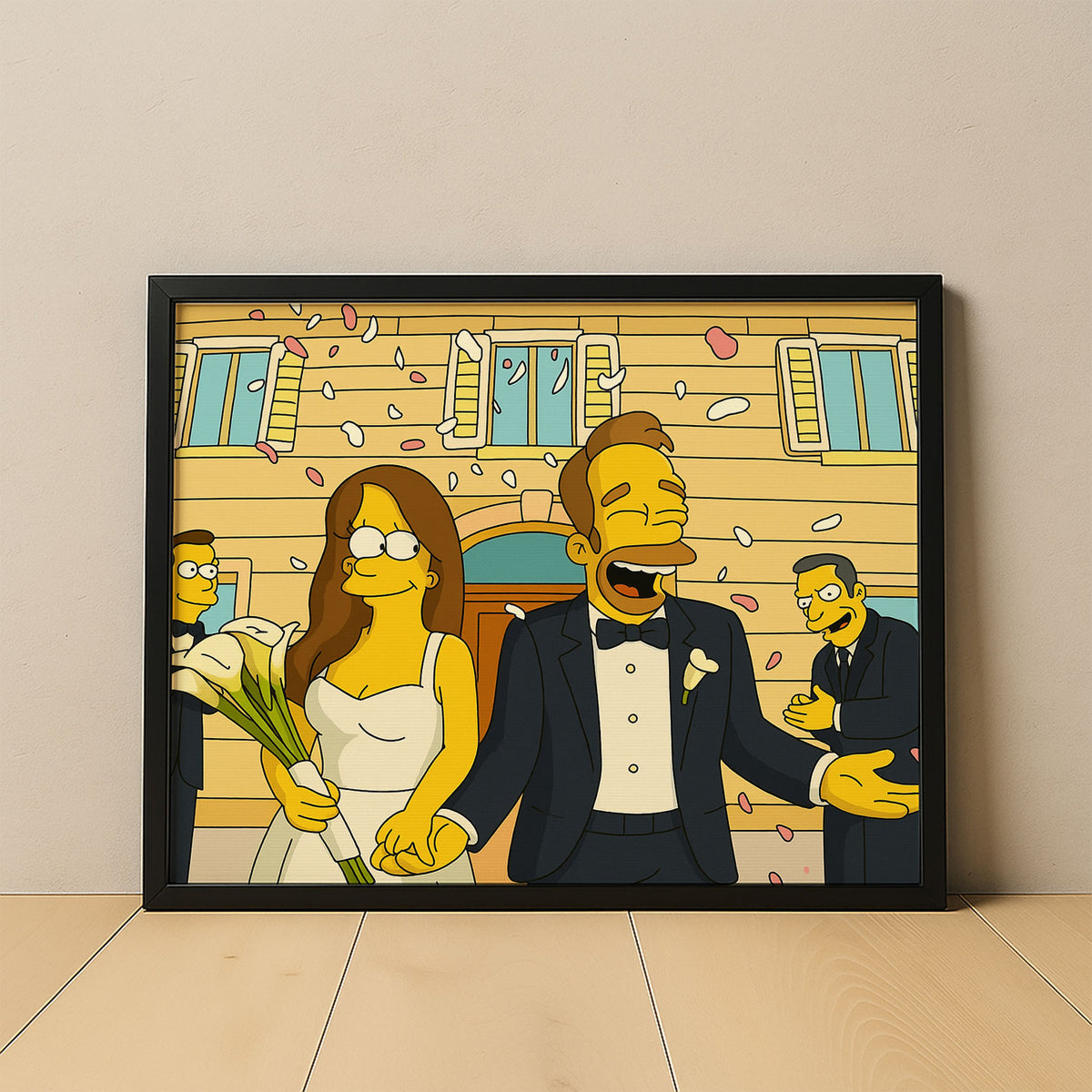 Whimsical Cartoon Wedding Art featuring Homer and Marge in Celebration - Simpsons-Inspired Marriage Scene Decor
 - 4