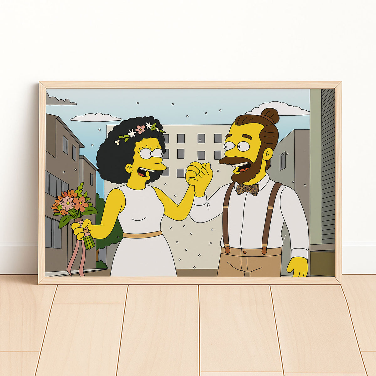 Whimsical Cartoon Wedding Art Print Featuring Cheerful Couple in Unique Animated Style
 - 4