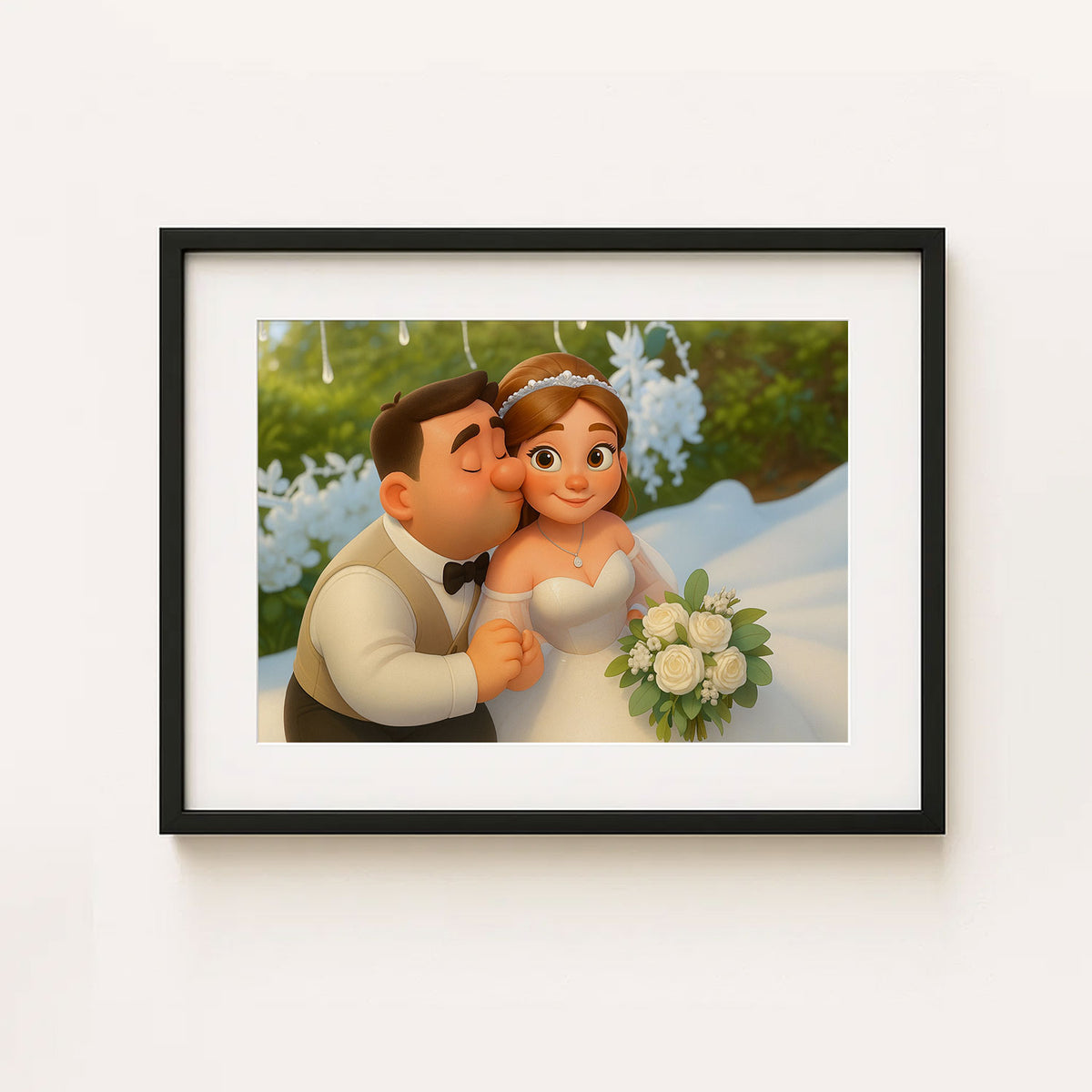 Charming Cartoon Wedding Couple Art Print - Whimsical Love Scene for Home Decor
 - 4