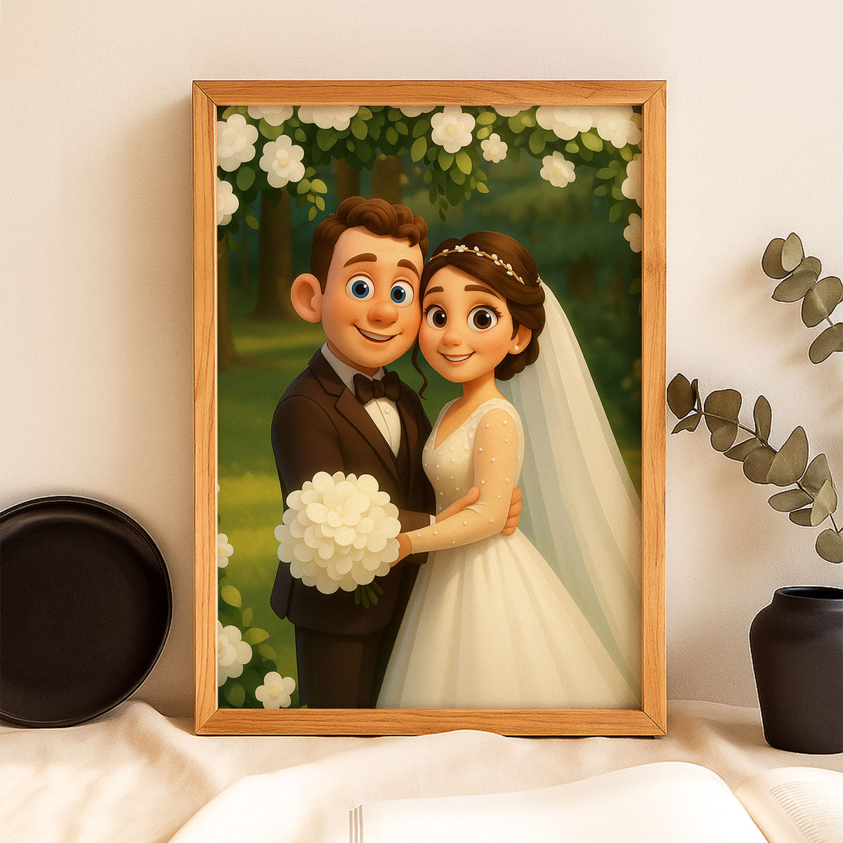 Charming Wedding Illustration: Disney-Inspired Romantic Couple in Lush Garden
 - 4