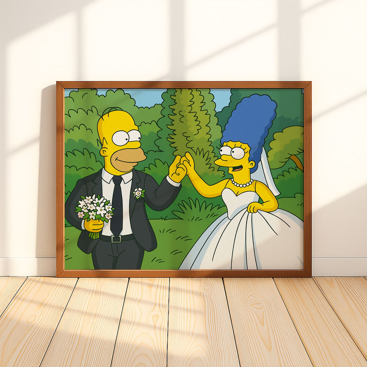 Charming Simpsons Wedding Art Print – Homer and Marge in Playful Animated Style for Home Décor
 - 4