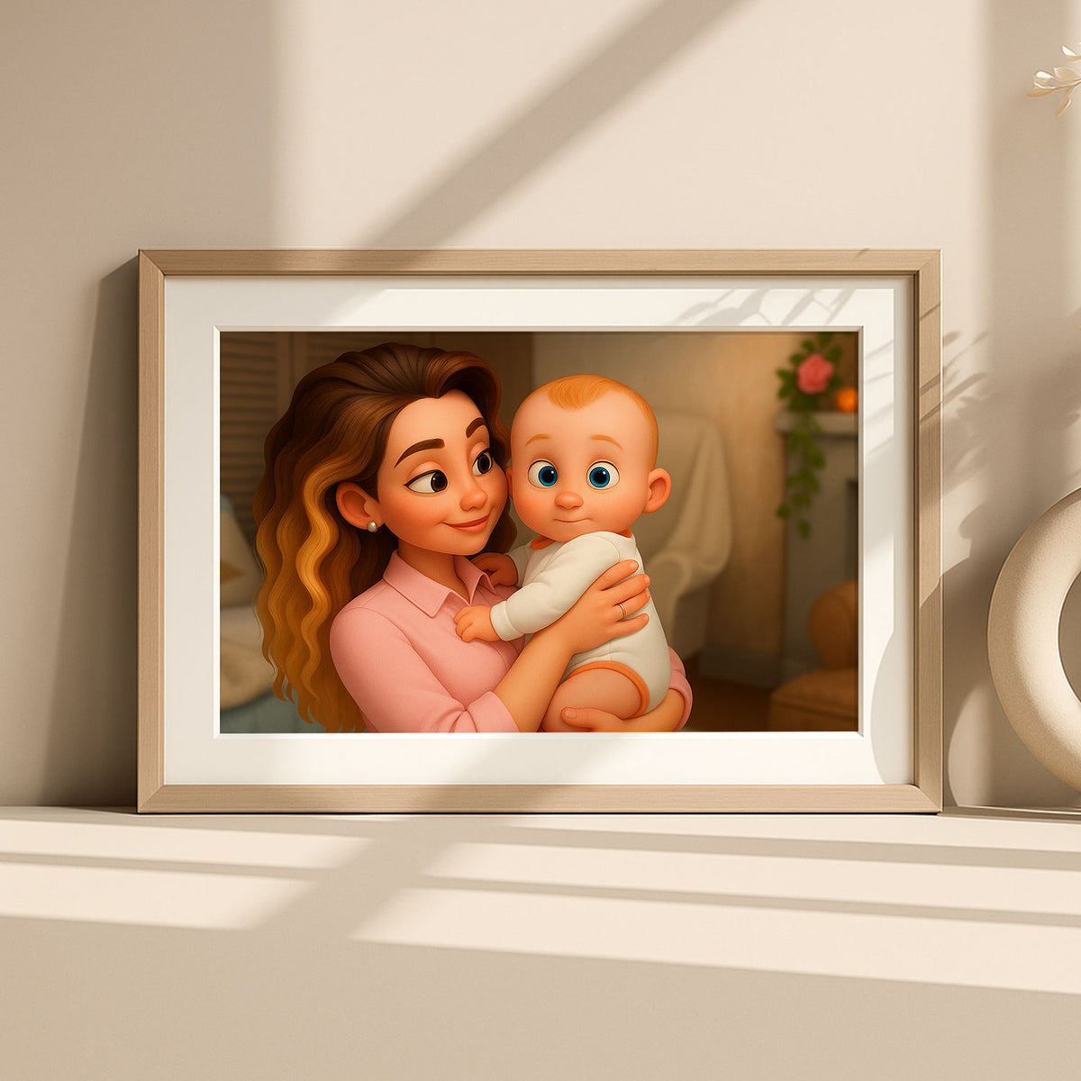 Charming Cartoon Art of a Mother and Baby Embracing - Heartwarming Home Decor for Nursery or Living Room
 - 4