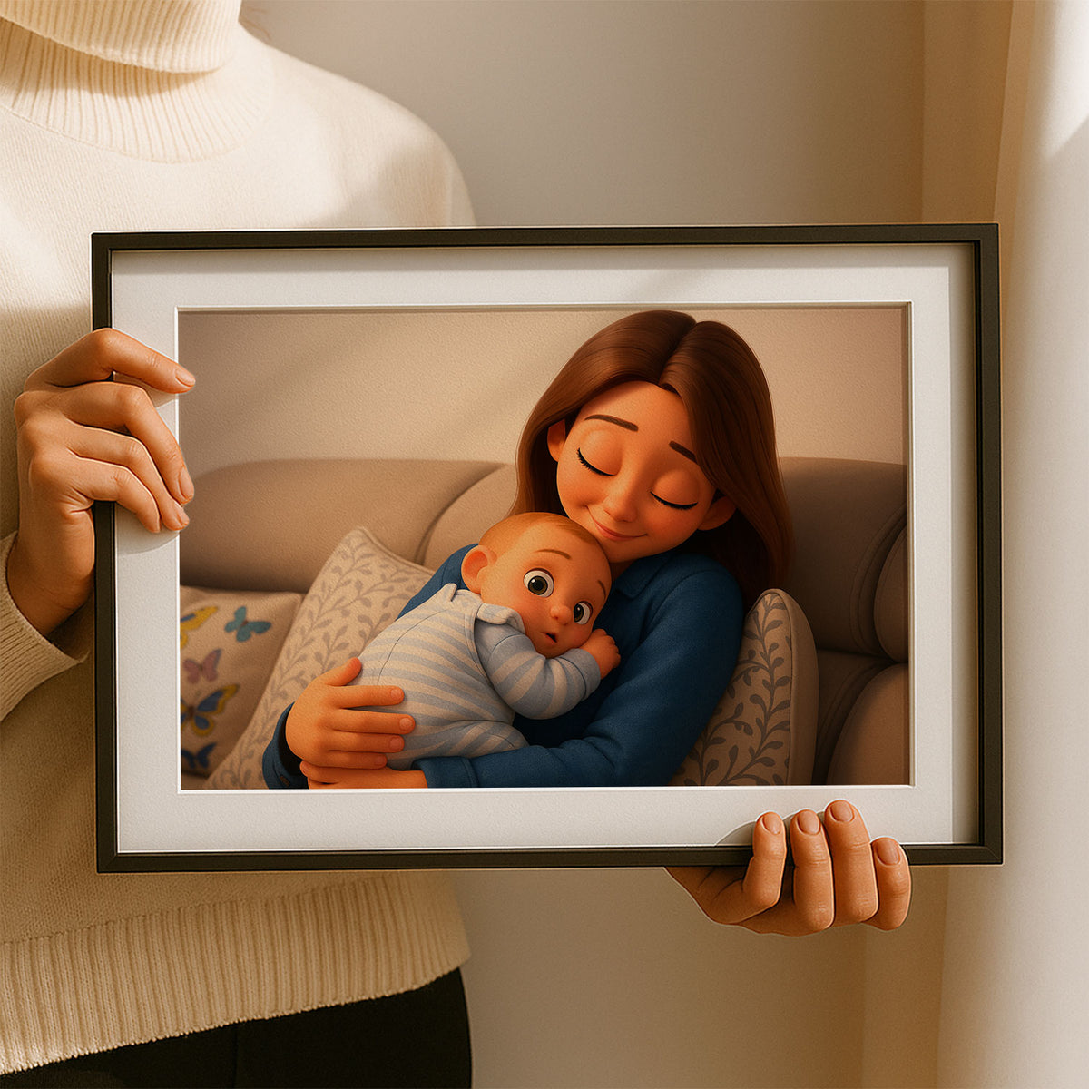 Heartwarming Cartoon Illustration of Mother and Baby Embracing – Perfect Wall Art for Family Love and Joy in Your Home
 - 4