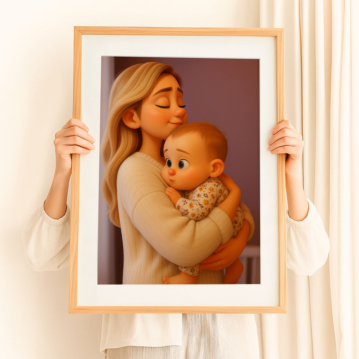 Beautiful Cartoon Art Print of a Loving Mom Embracing Her Baby – Perfect for Nursery Decor and Family Love Inspiration
 - 4