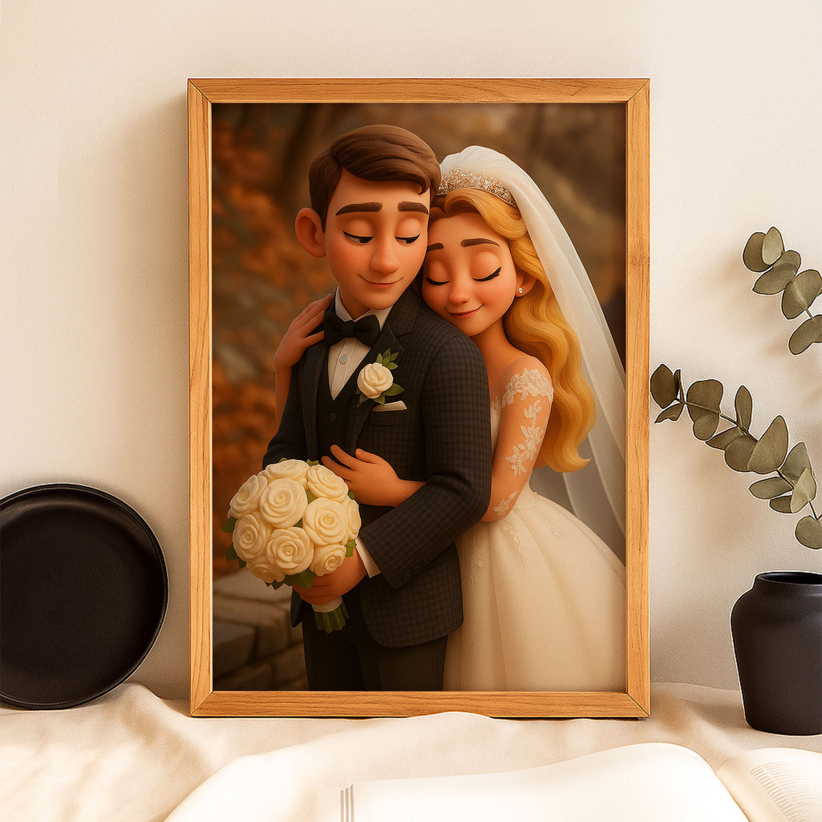 Charming Cartoon Wedding Portrait of a Happy Couple - Perfect Art for Home Decor and Wedding Memories
 - 4