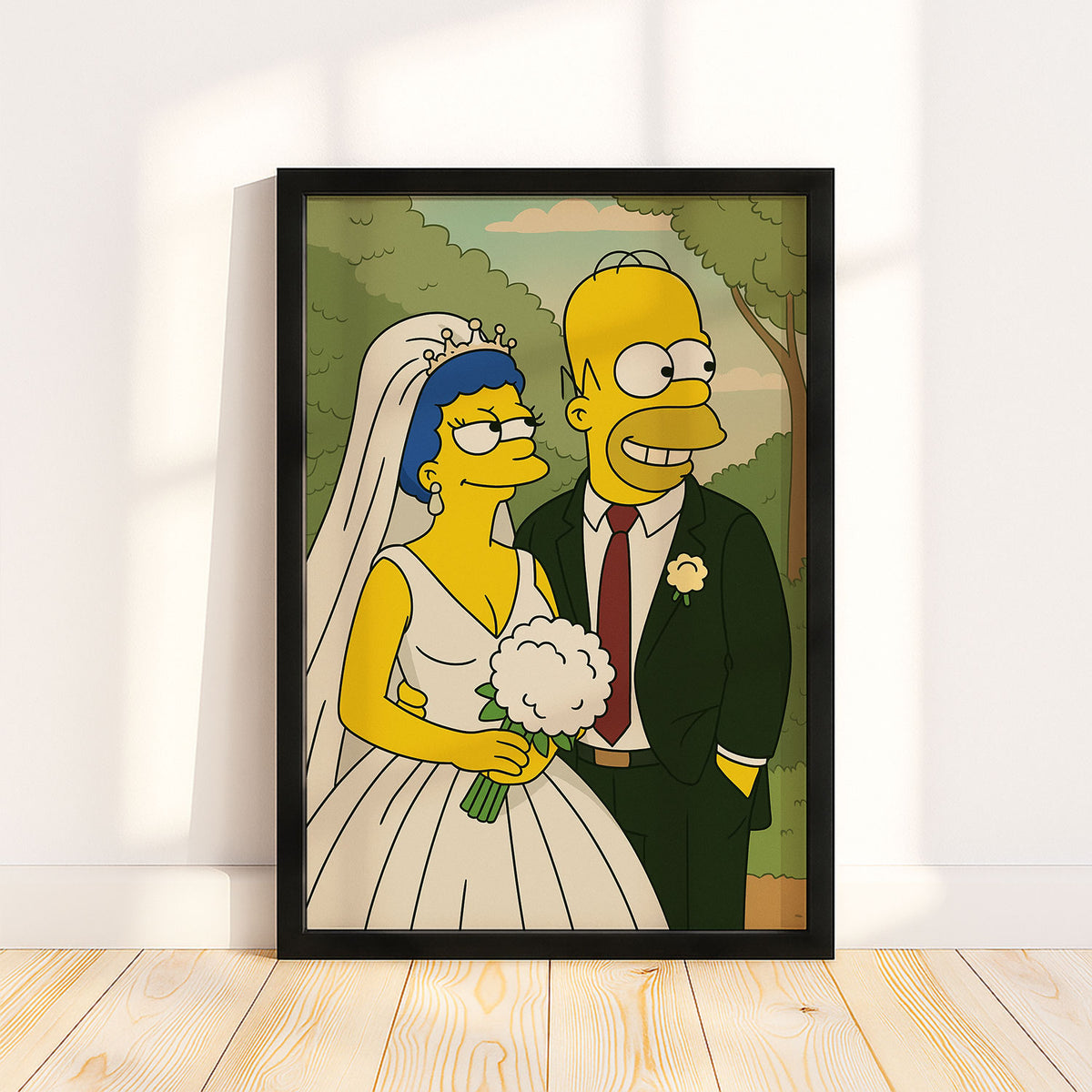 Unique Cartoon Wedding Portrait of Marge and Homer Simpson in Vibrant Art Style - Perfect for Fans and Home Decor
 - 4