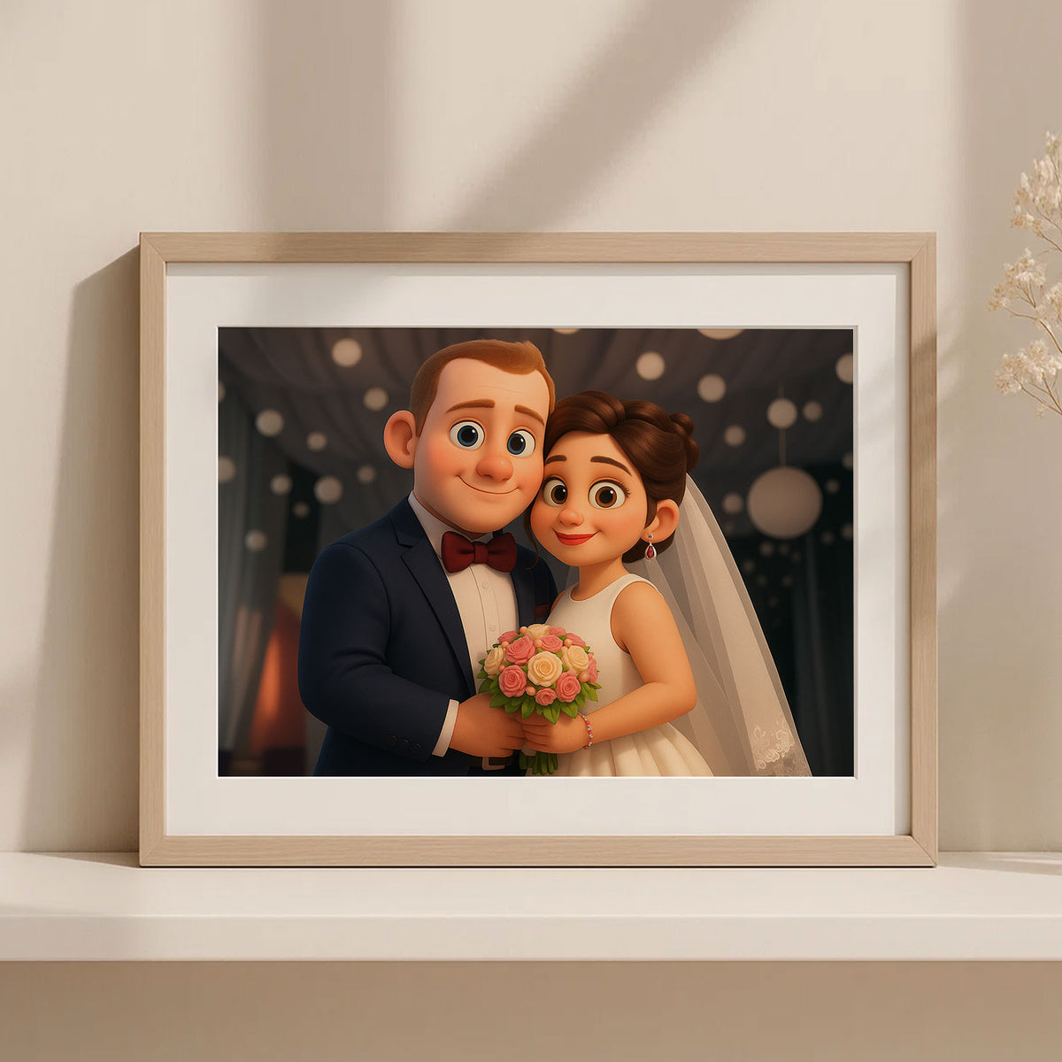 Charming Animated Wedding Portrait: Joyful Bride and Groom in Whimsical Illustration Style
 - 4