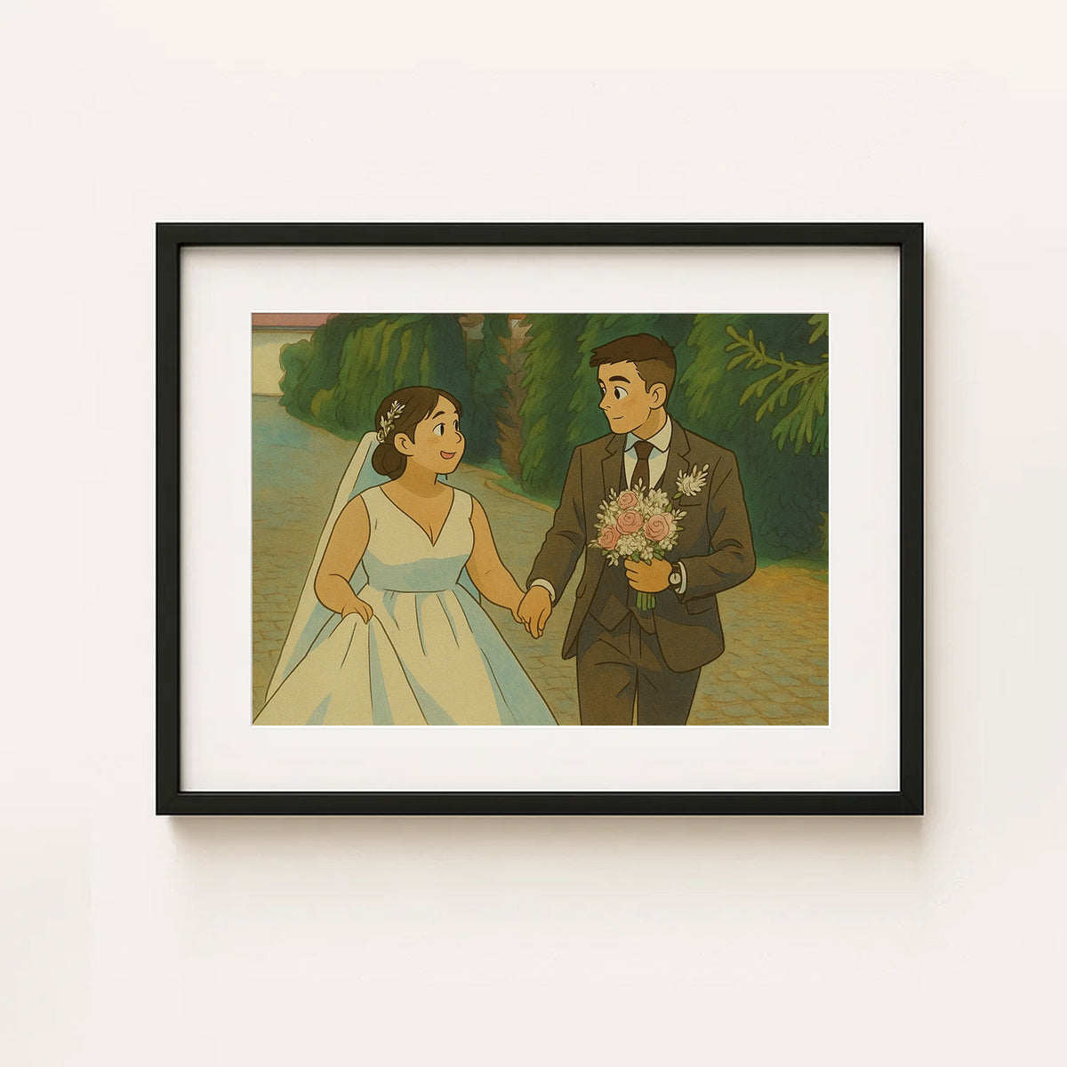 Charming Cartoon Wedding Art Print: Joyful Couple in Love Walking Together
 - 4