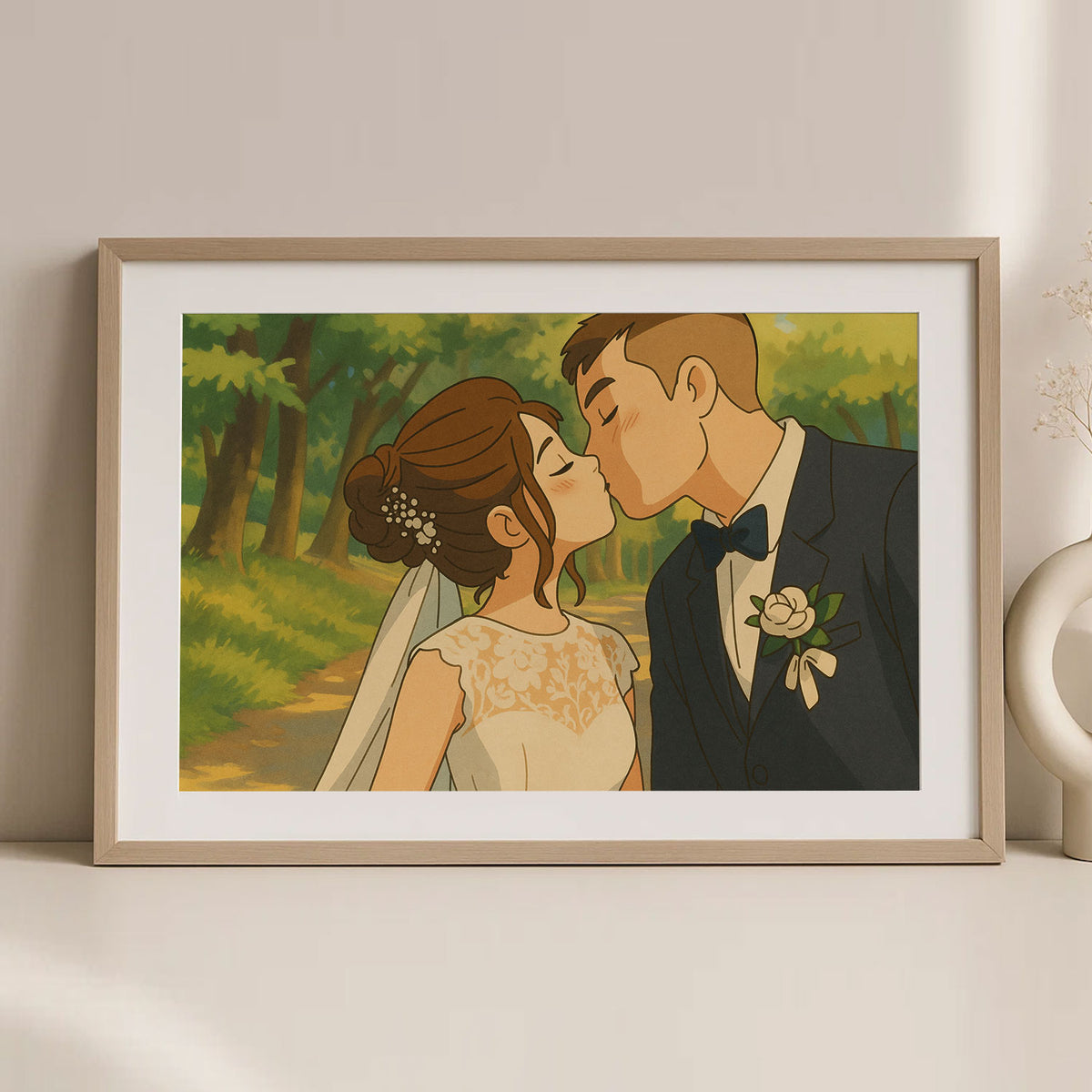 Charming Wedding Kiss Art Print - Romantic Cartoon Style Love Illustration for Your Home Decor
 - 4