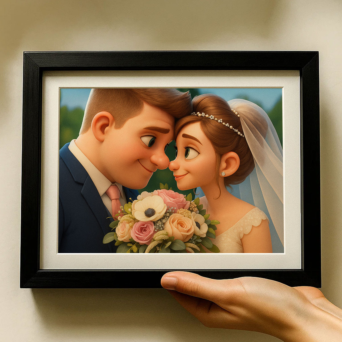Charming Cartoon Wedding Portrait of a Happy Couple with Bouquet in Bright Colors
 - 4