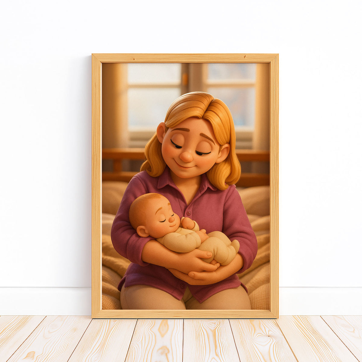 Heartwarming Cartoon Style Artwork of Mother Holding Sleeping Baby – Perfect Wall Decor for Nursery and Family Spaces
 - 4