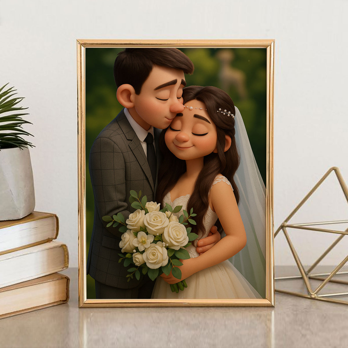 Whimsical Wedding Portrait: Enchanting Couple in Romantic Animation Style with Floral Bouquet
 - 4