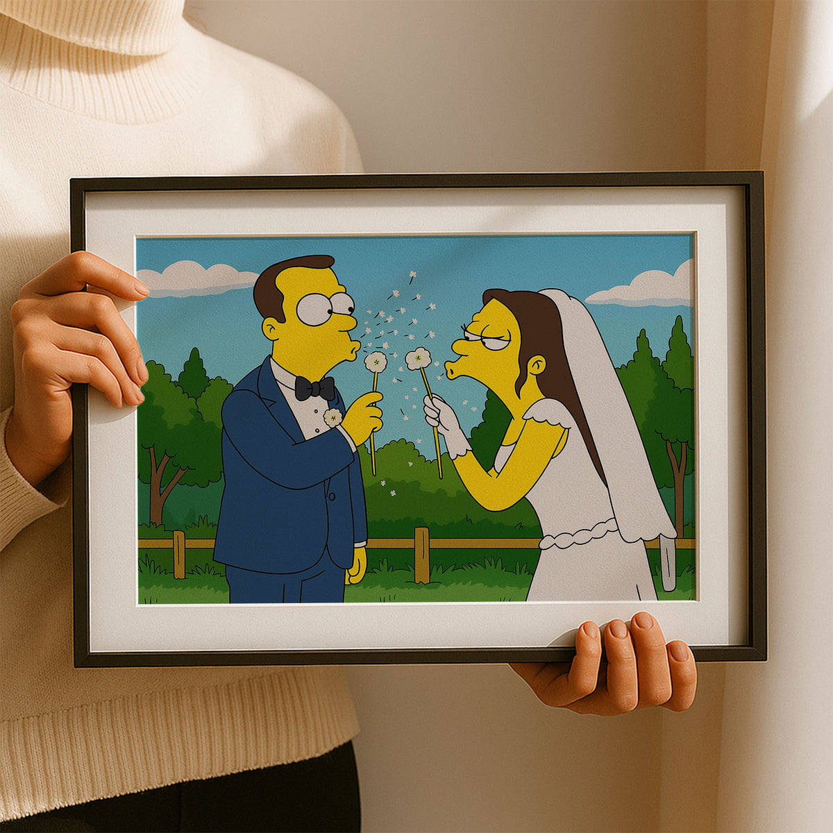 Charming Cartoon Wedding Art: Couples in Love with Dandelions - Whimsical Simpsons Style Framed Print
 - 4