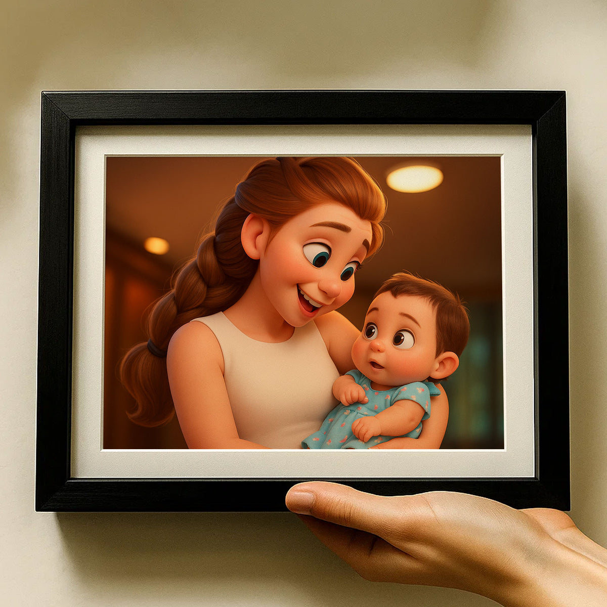 Adorable Cartoon Style Art Print of a Joyful Mother Holding Her Baby: Perfect Gift for New Parents and Nursery Decor
 - 4