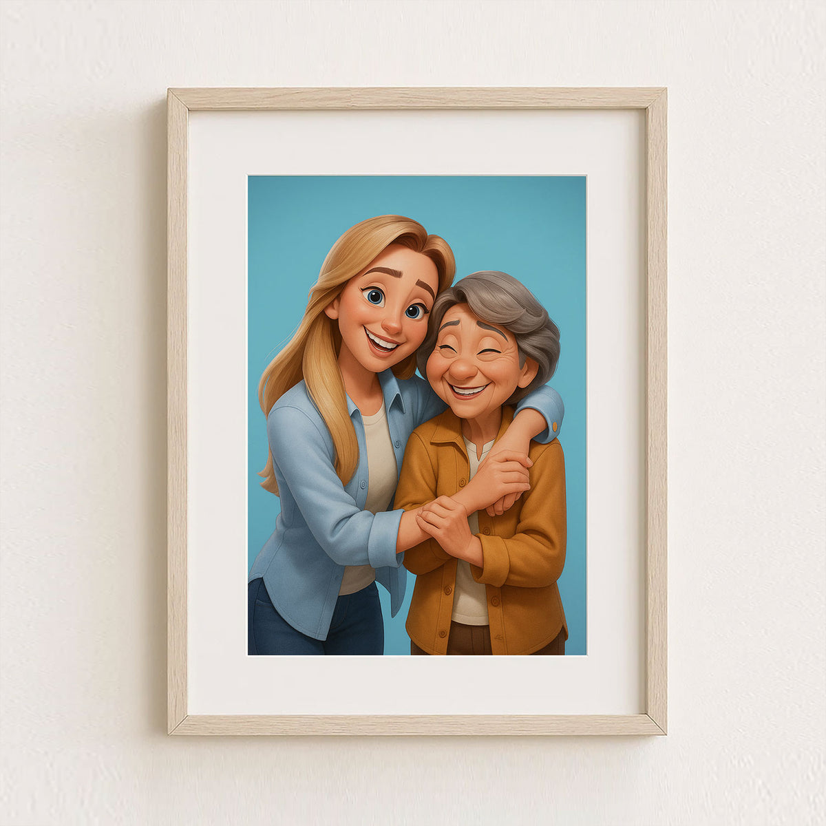 Heartwarming Family Portrait: Charming Cartoon Style Illustration of a Grandmother and Granddaughter Embracing Joyfully
 - 4