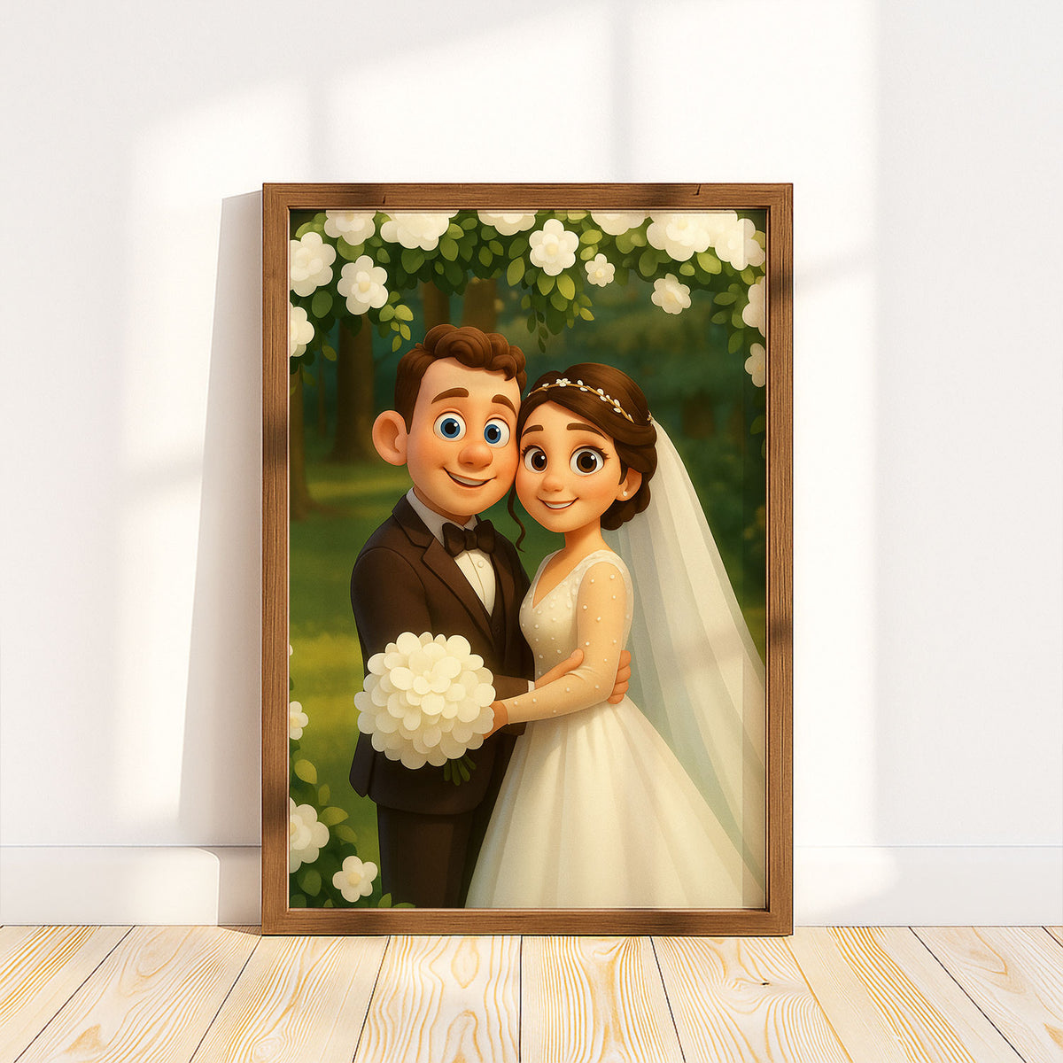Charming Cartoon Wedding Portrait: Celebrate Love with Whimsical Art Style for Your Home Decor
 - 4