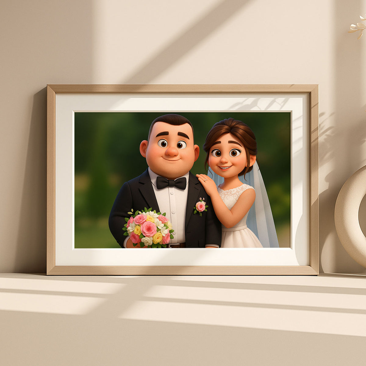 Charming Cartoon Wedding Portrait of a Bride and Groom in Whimsical Art Style for Your Home Decor
 - 4