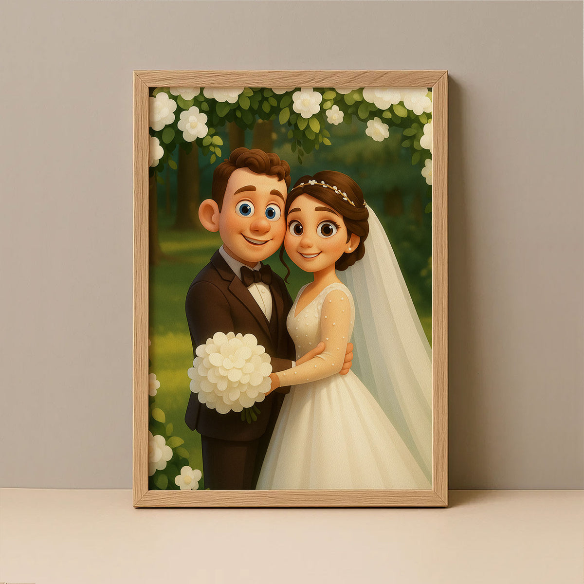 Whimsical Cartoon Wedding Portrait of Happy Couple in Nature - Perfect for Celebrating Love and Special Days
 - 4
