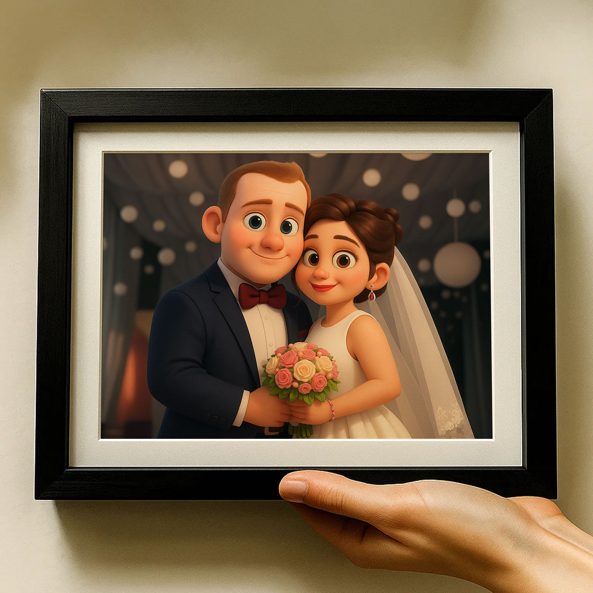 Charming Cartoon Wedding Portrait of Happy Couple - Whimsical Art for Love Celebrations
 - 4