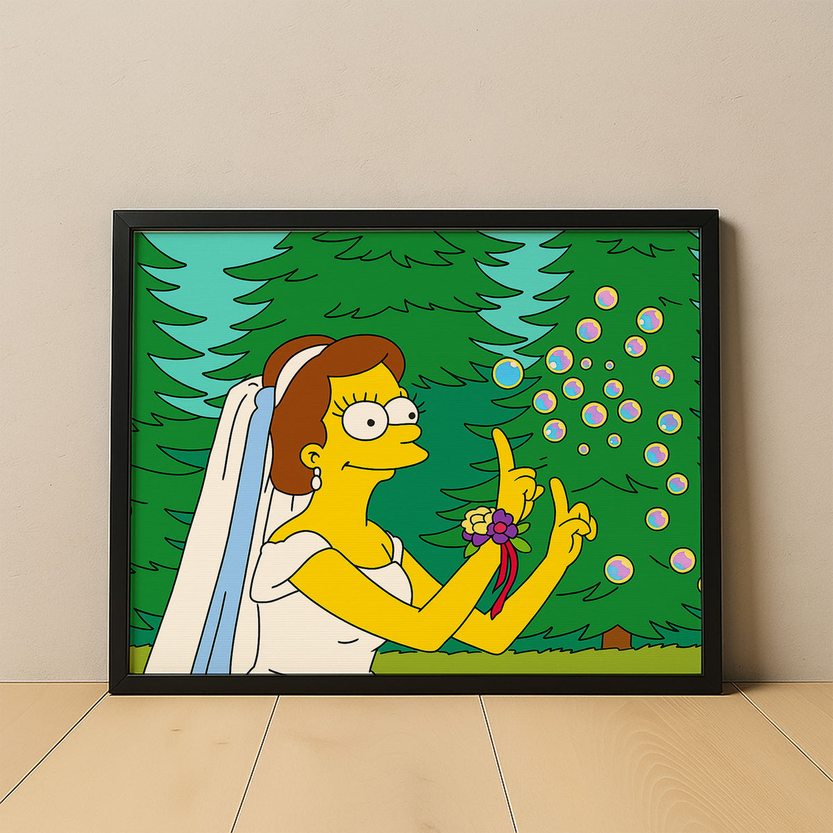 Charming Cartoon Wedding Art: Playful Bride with Bubbles in Whimsical Style
 - 4