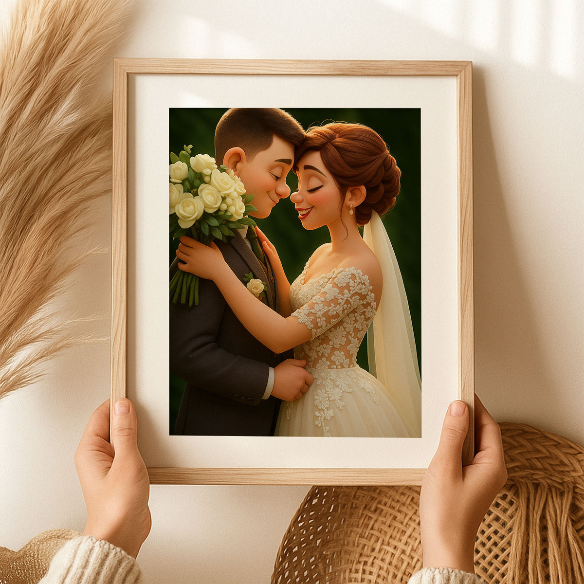 Whimsical Wedding Portrait: Charming Animated Style Art of Bride and Groom Embracing, Perfect for Love Celebrations
 - 4