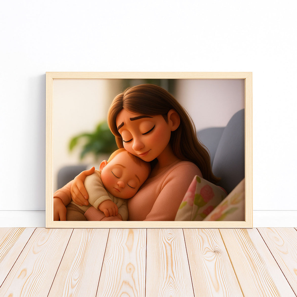 Heartwarming Mother and Baby Digital Art Print - Cozy Moments in a Charming Cartoon Style for Home Decor
 - 4