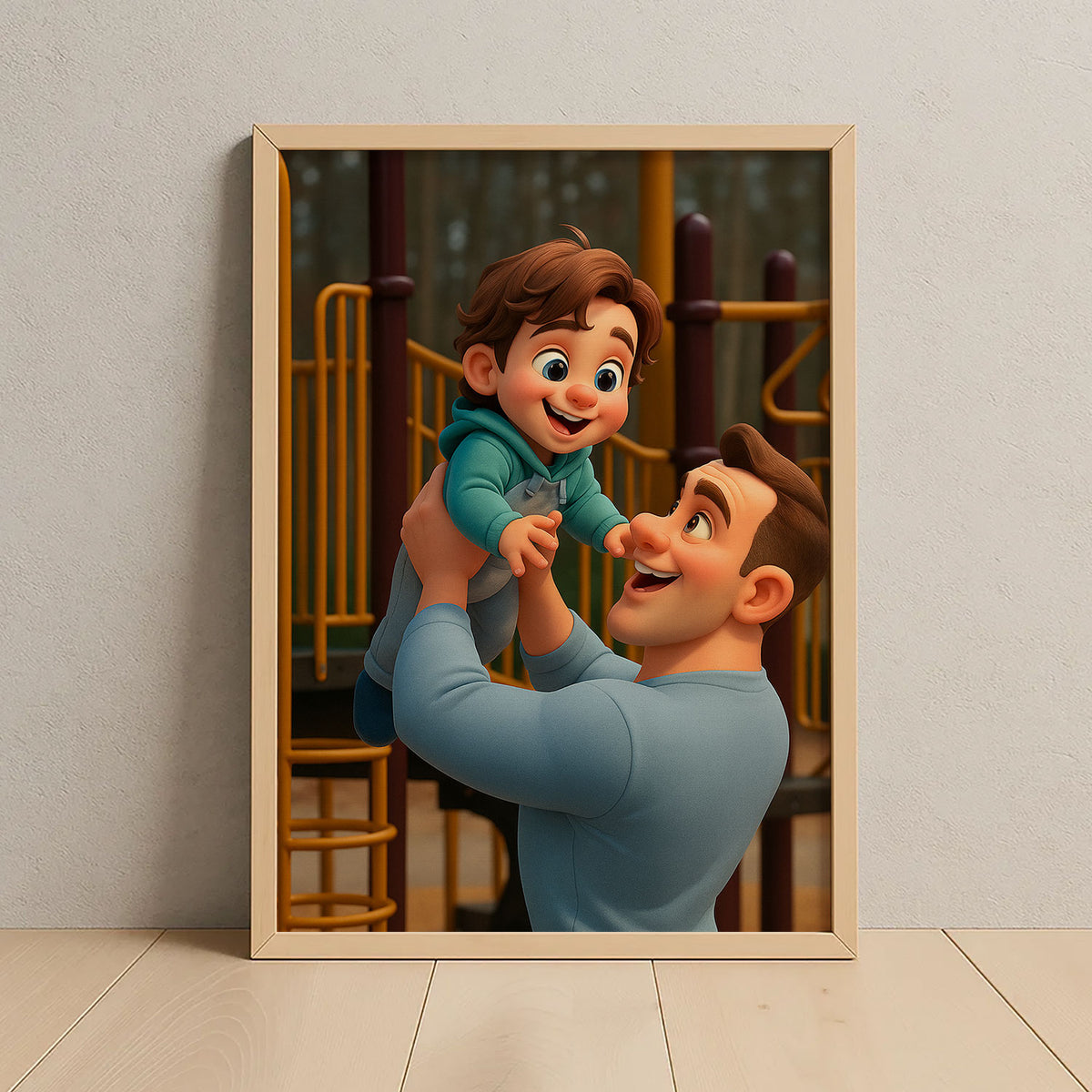 Joyful Swing Moments: Colorful Cartoon Art of a Father and Child at Play
 - 4