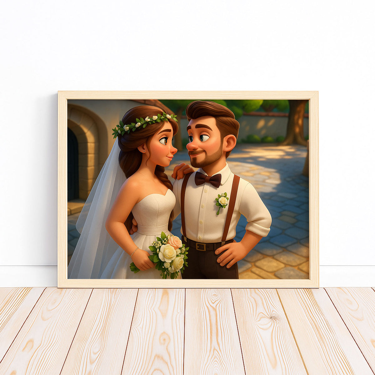 Charming Cartoon Wedding Art Print: Beautiful Bride and Groom in Vibrant Animation Style for Your Home Décor
 - 4