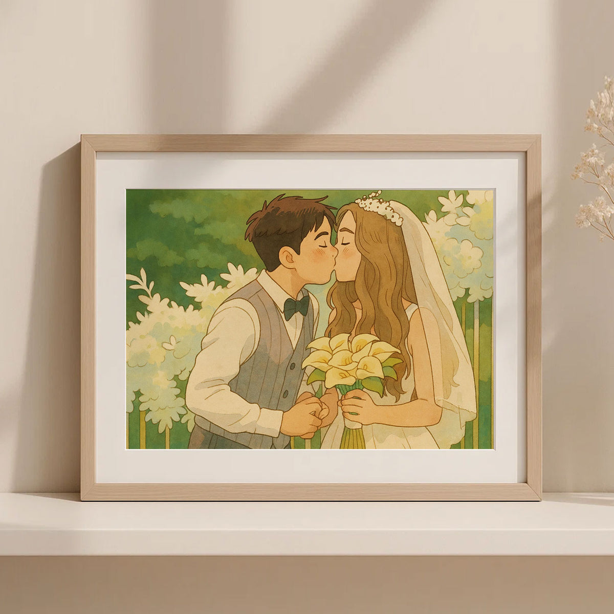 Romantic Wedding Kiss Art Print: Whimsical Couple Embrace in Soft Pastels - Perfect for Home Decor
 - 4