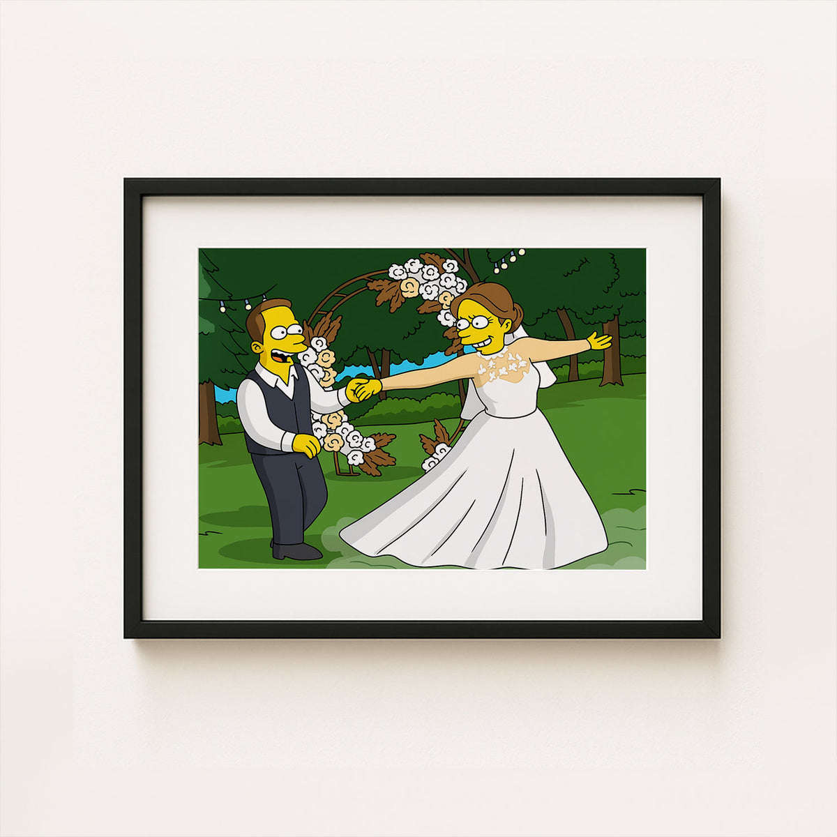 Whimsical Cartoon Wedding Art Print Featuring Homer and Marge in Iconic Simpsons Style
 - 4