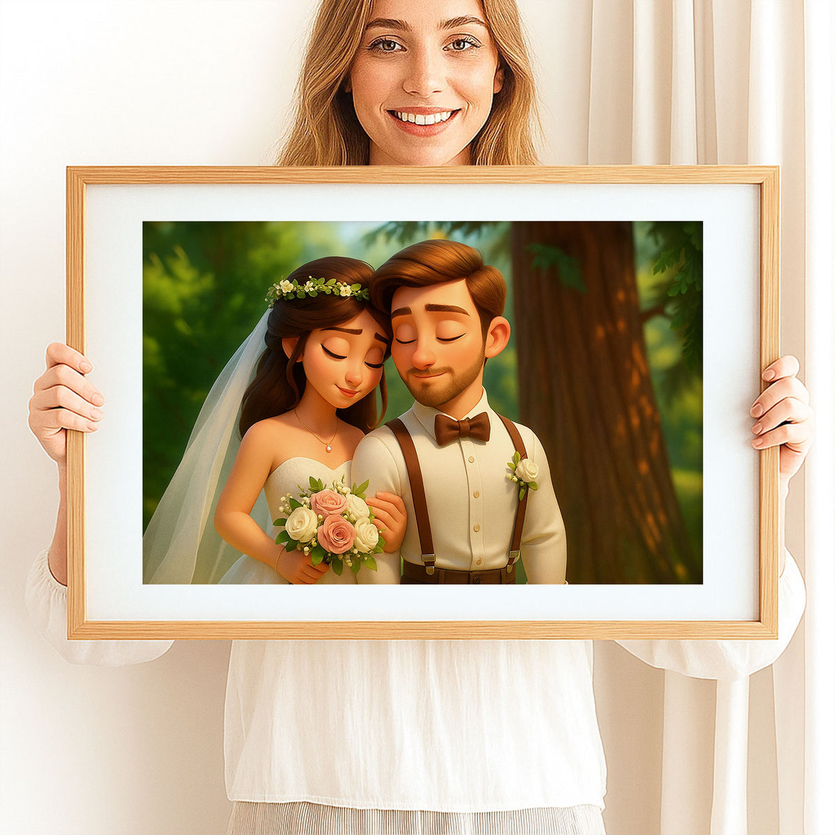 Charming Cartoon Wedding Portrait of a Bride and Groom in a Beautiful Forest Setting - Perfect for Home Decor
 - 4