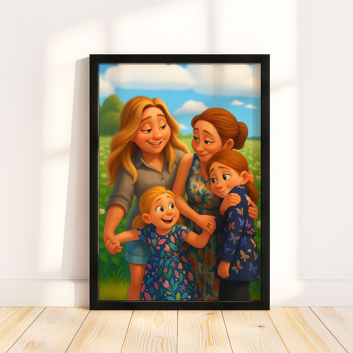 Charming Mother-Daughter Cartoon Art Print: Whimsical Illustration for Family Decor
 - 4