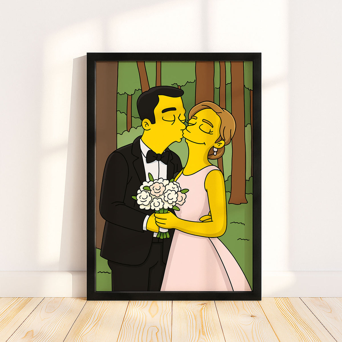 Whimsical Cartoon Wedding Kiss Art Print - Yellow Characters in a Romantic Forest Scene
 - 4